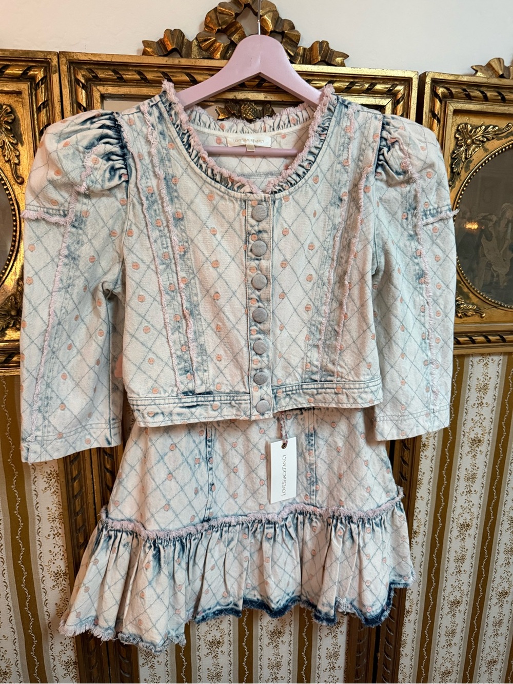 NWT LoveShackFancy Tonda Polka Dot Tiered Denim Skirt 4 Small Acid Wash Pink
